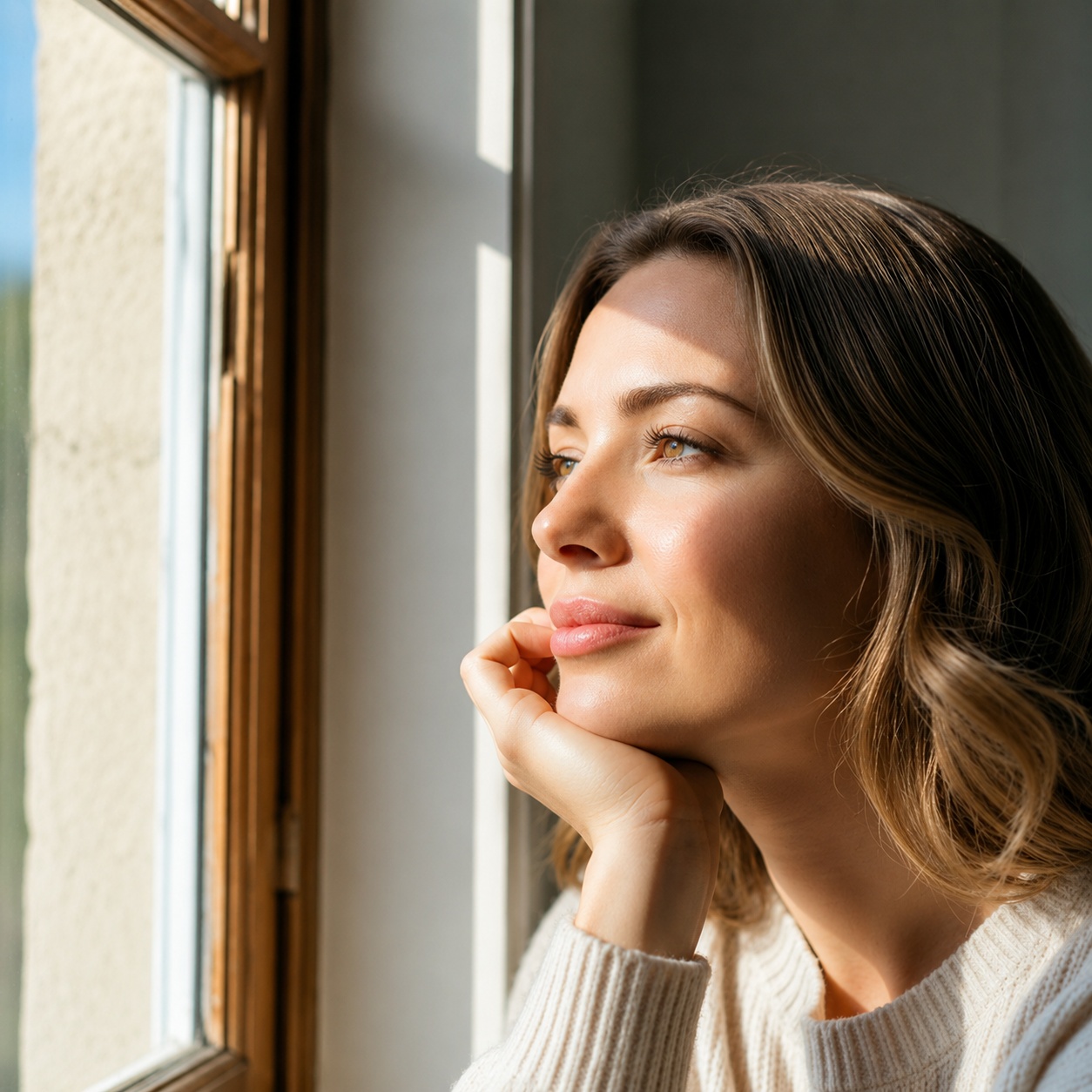 A person resting their chin on their hand, looking out of a sunlit window.