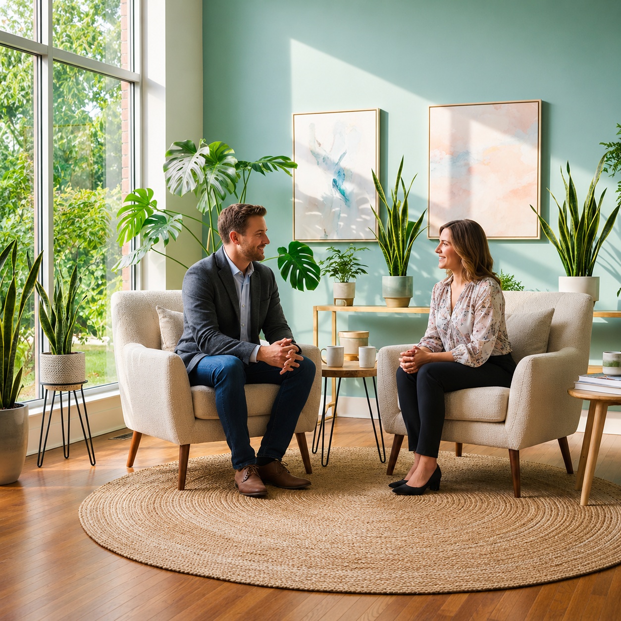 A therapist and client talking in armchairs in a plant-filled room.