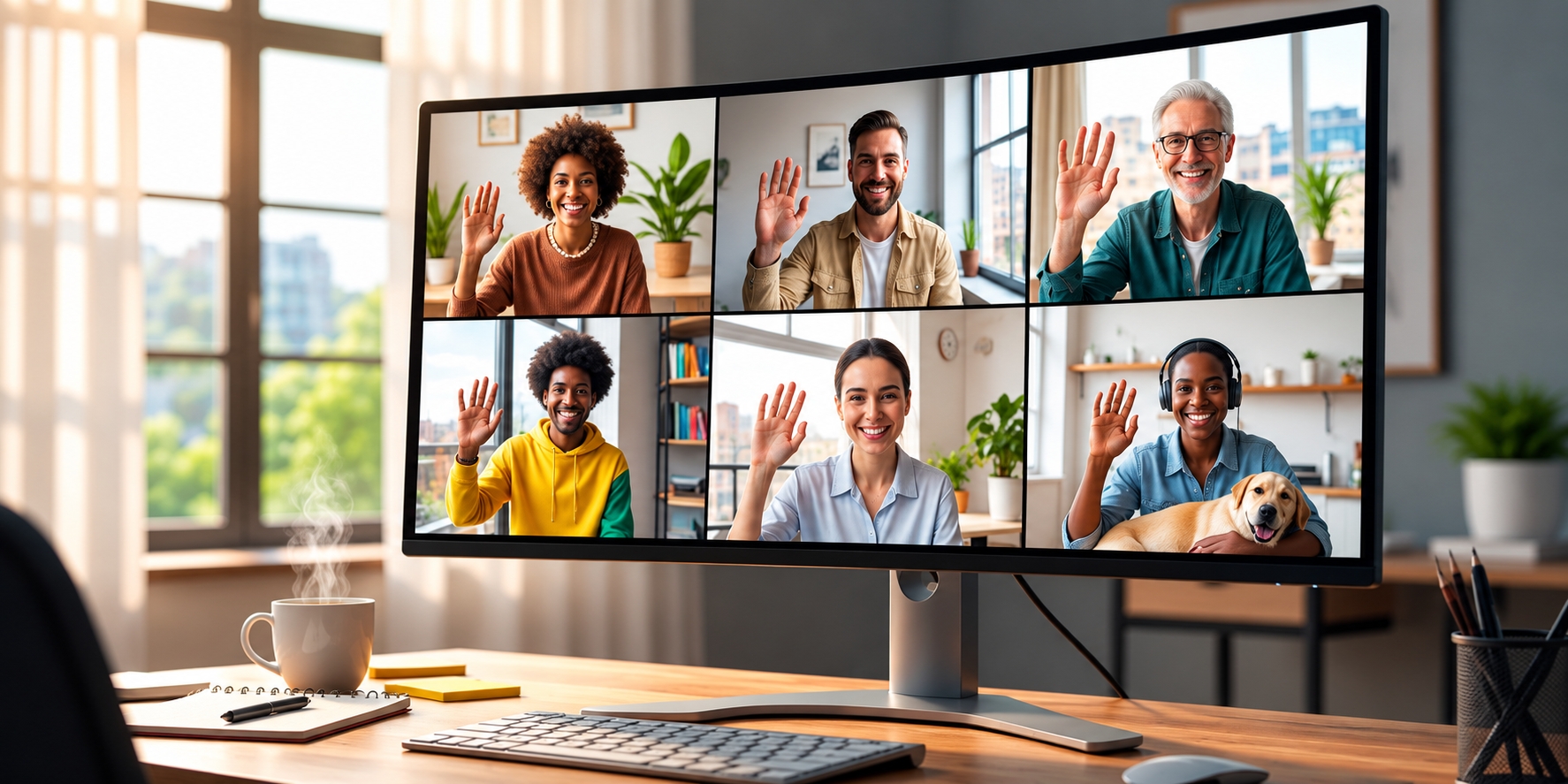 A monitor on a desk showing a video call with a grid of colleagues waving.
