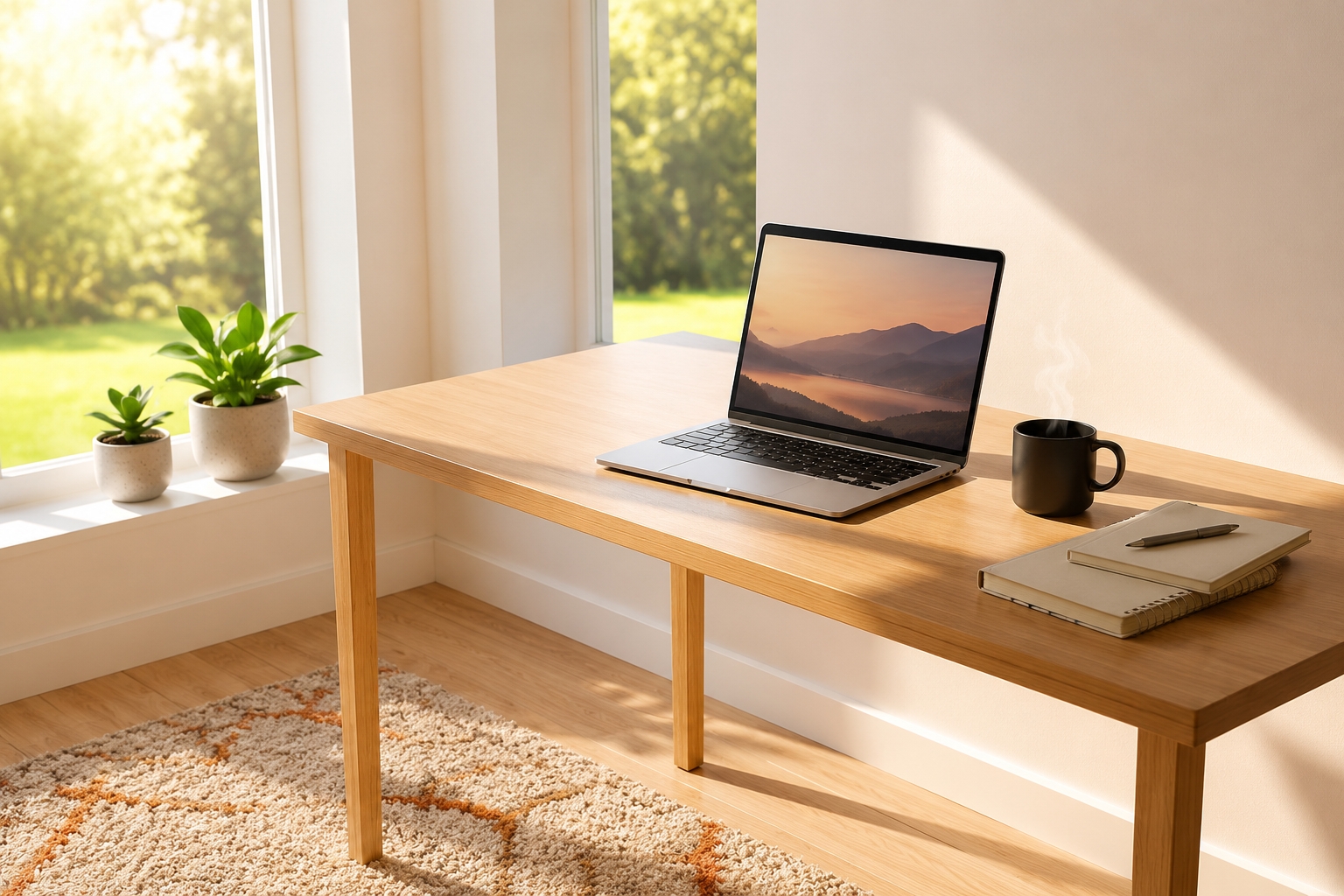 An open laptop and a mug on a sunlit wooden desk.