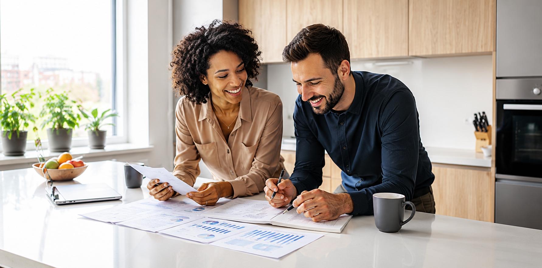 Two colleagues reviewing printed documents together at a kitchen table.