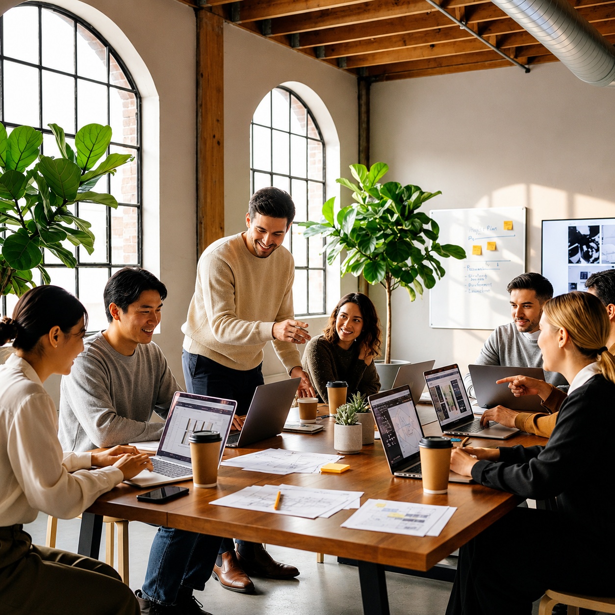 A team gathered around a table with laptops in a bright loft office, talking through their work.
