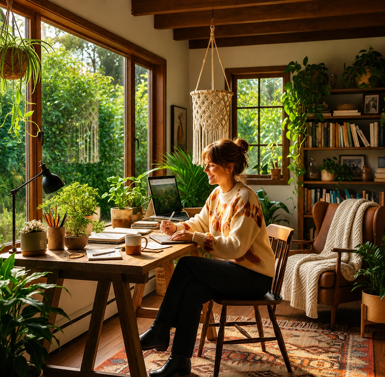 A person working on a laptop at a wooden desk beside a sunlit window full of plants.