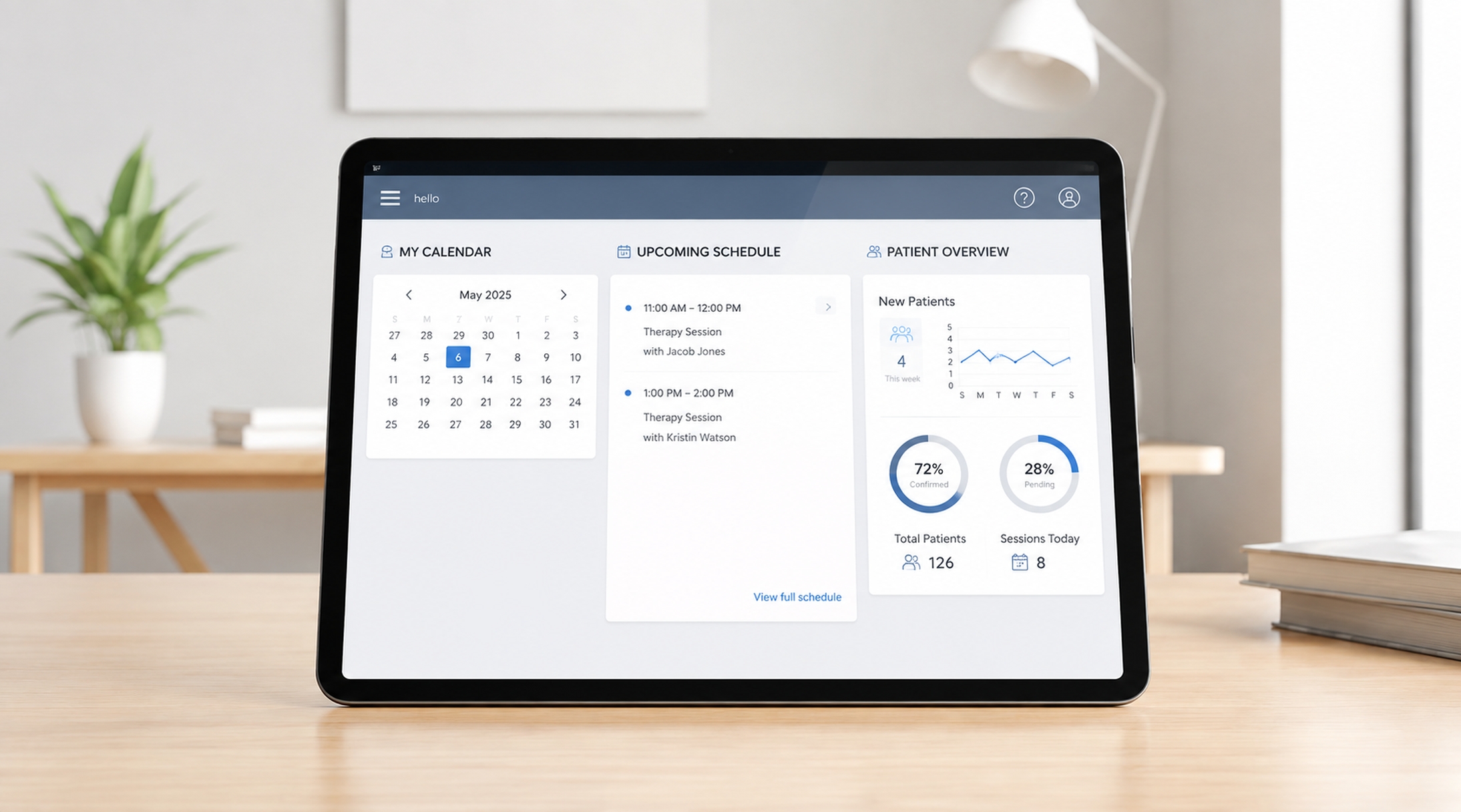 A tablet showing scheduling and practice management tools.