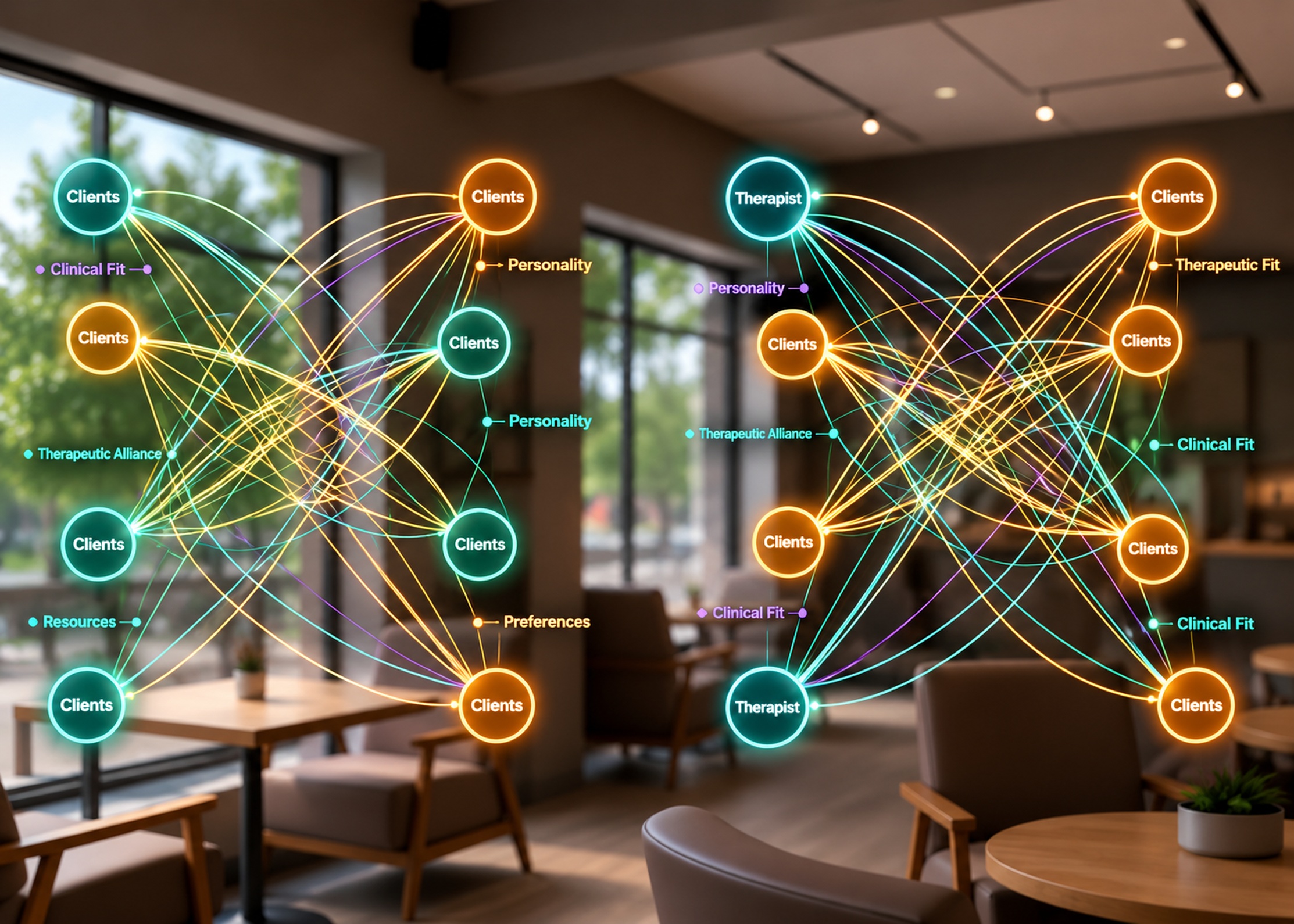 A therapy room overlaid with a network diagram connecting clients and therapists.