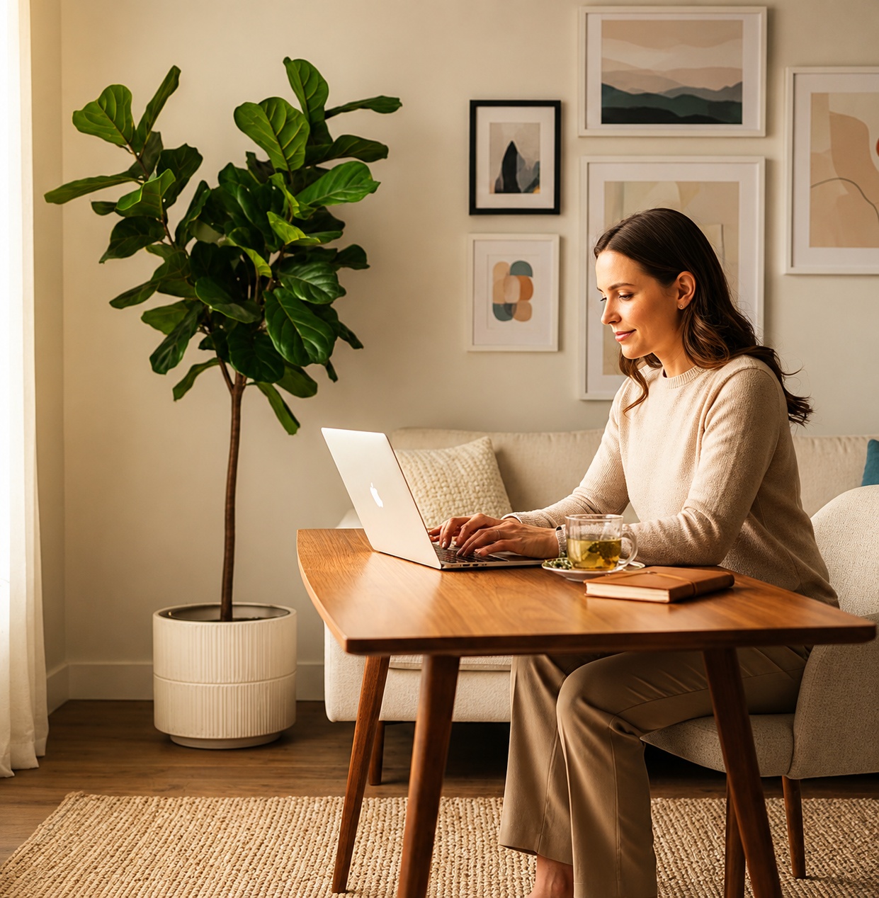 A person working on a laptop at a dining table in a sunlit room.