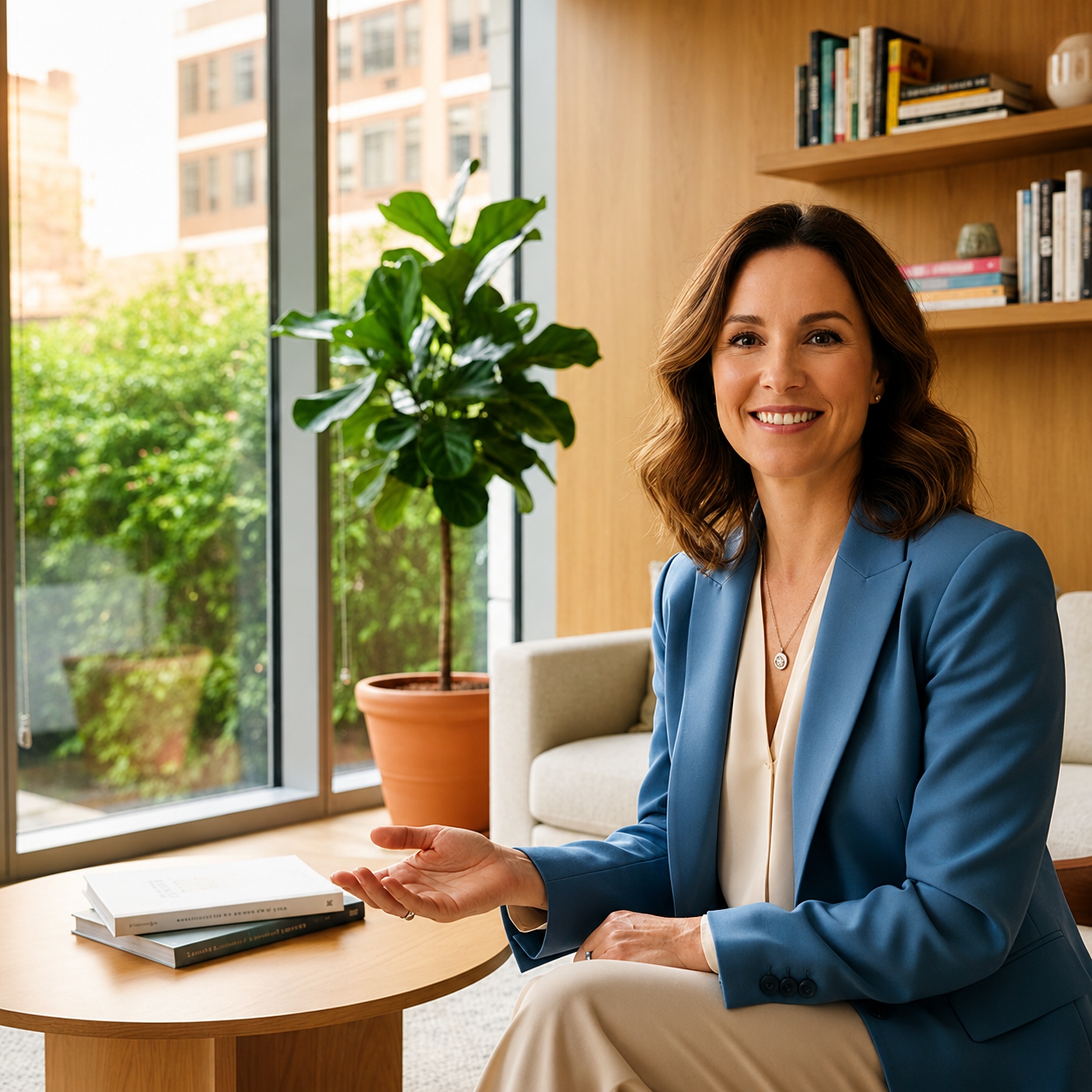 A therapist smiling while seated in a bright office with plants and a bookshelf.