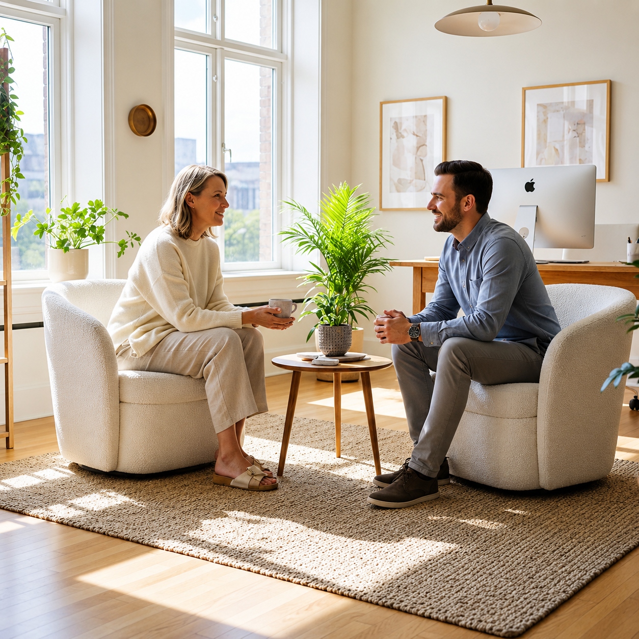 A therapist and a client talking in armchairs in a bright, plant-filled consultation room.