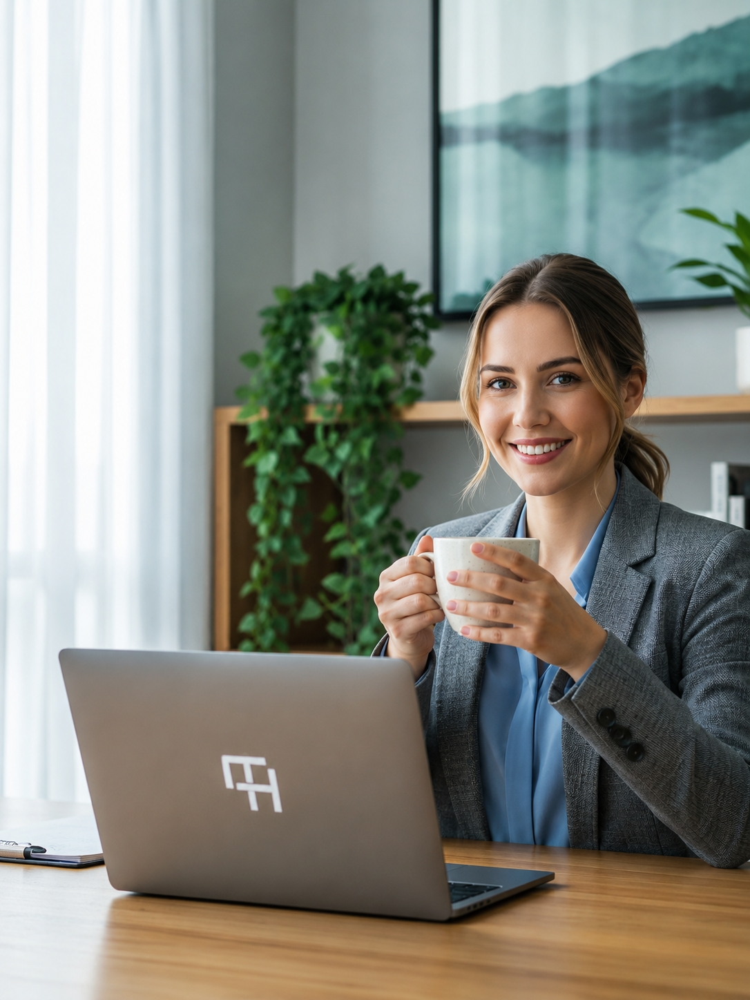 A person smiling with a mug of tea at a laptop in a bright home office.