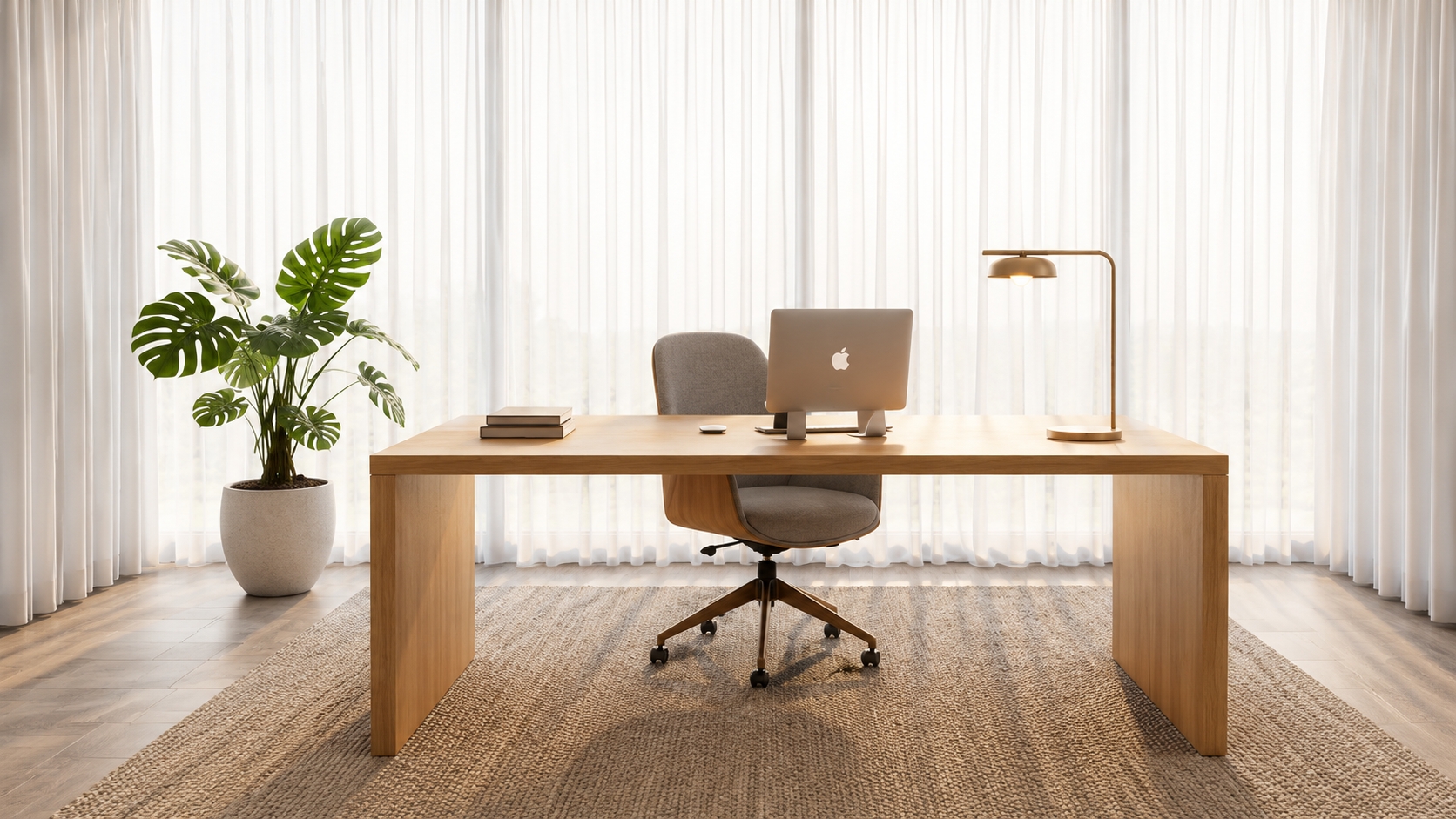 A tidy wooden desk with a laptop, a lamp, and a potted plant beside sunlit curtains.