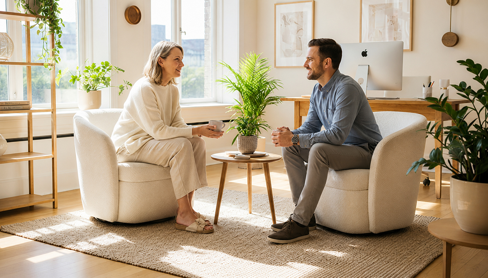 A therapist and client talking in a bright office.
