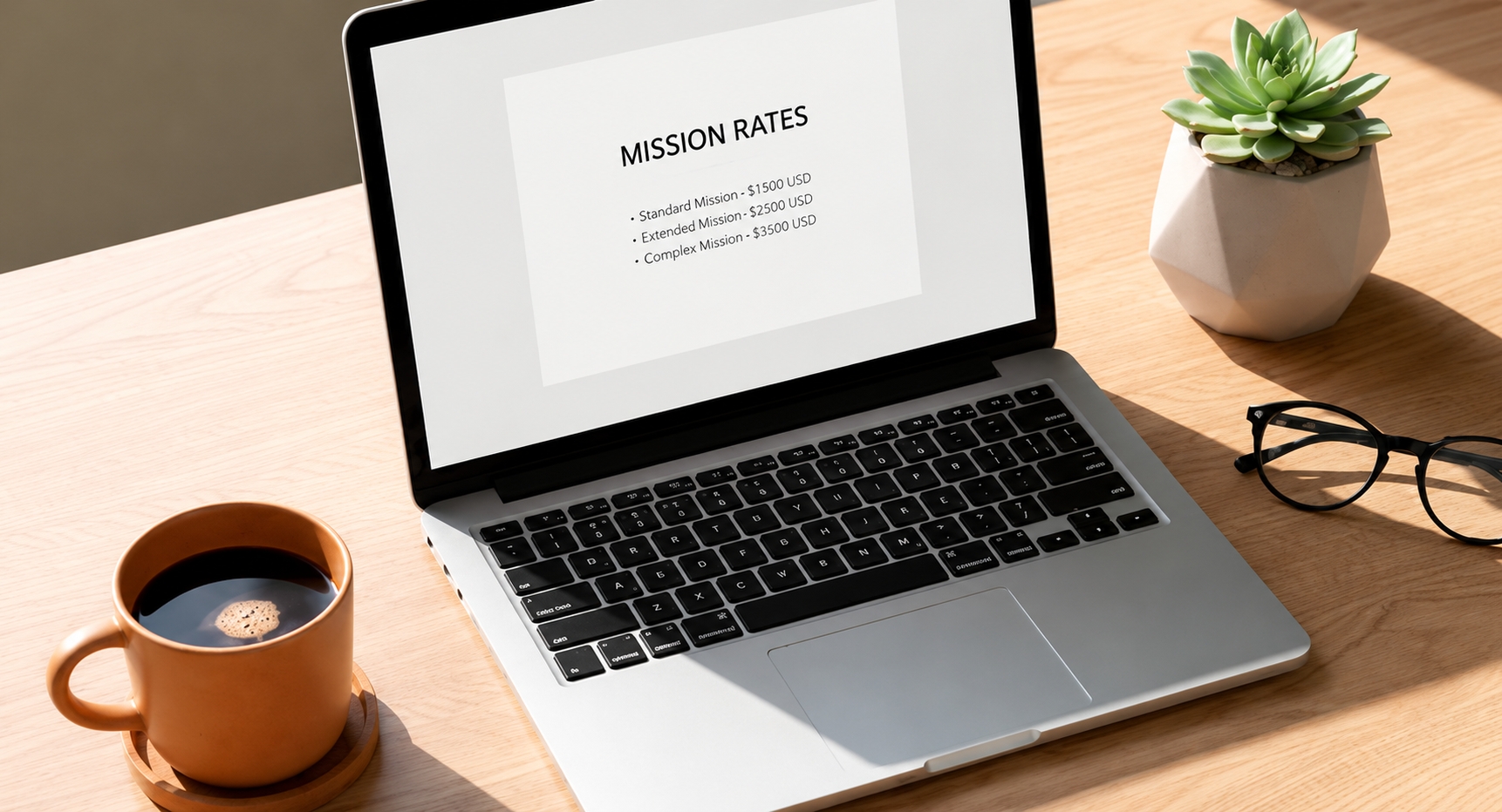 A laptop showing session rates on a desk with a coffee cup and plant.