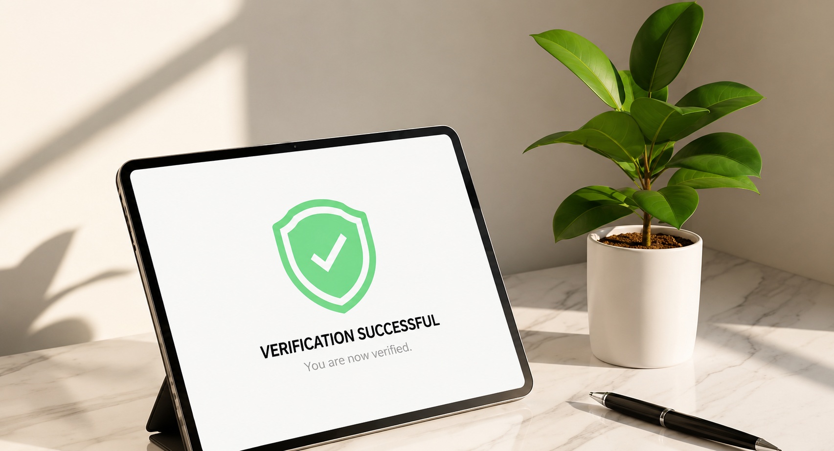 A tablet showing a successful verification message beside a plant.