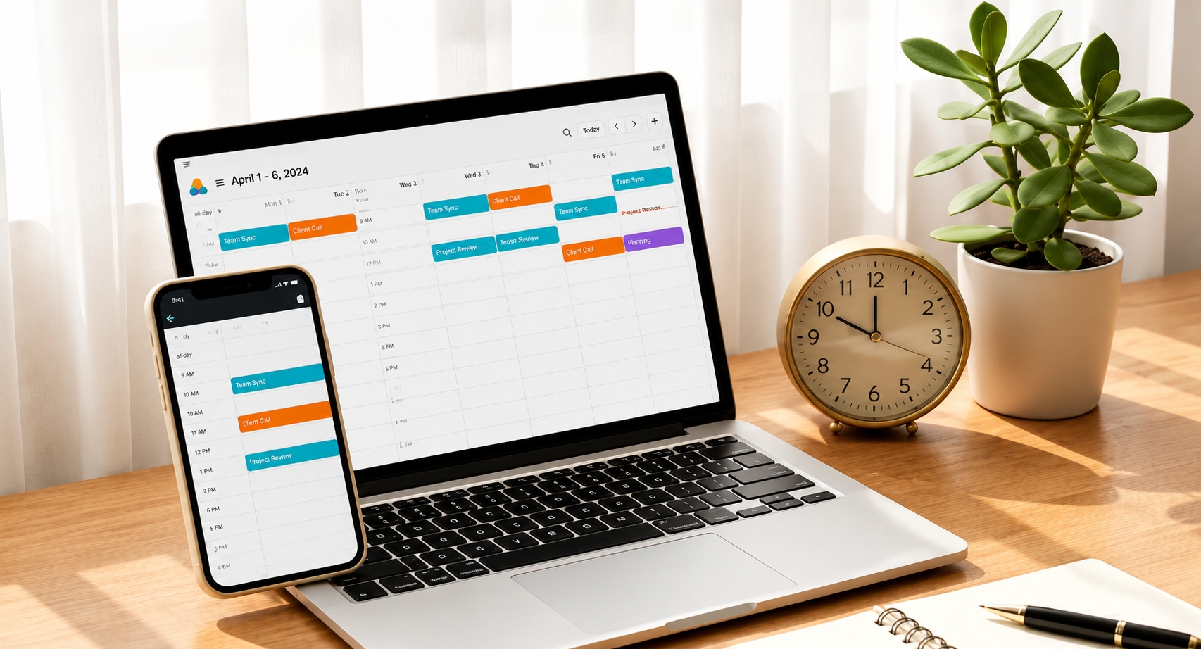 A laptop and phone showing a calendar schedule on a desk.