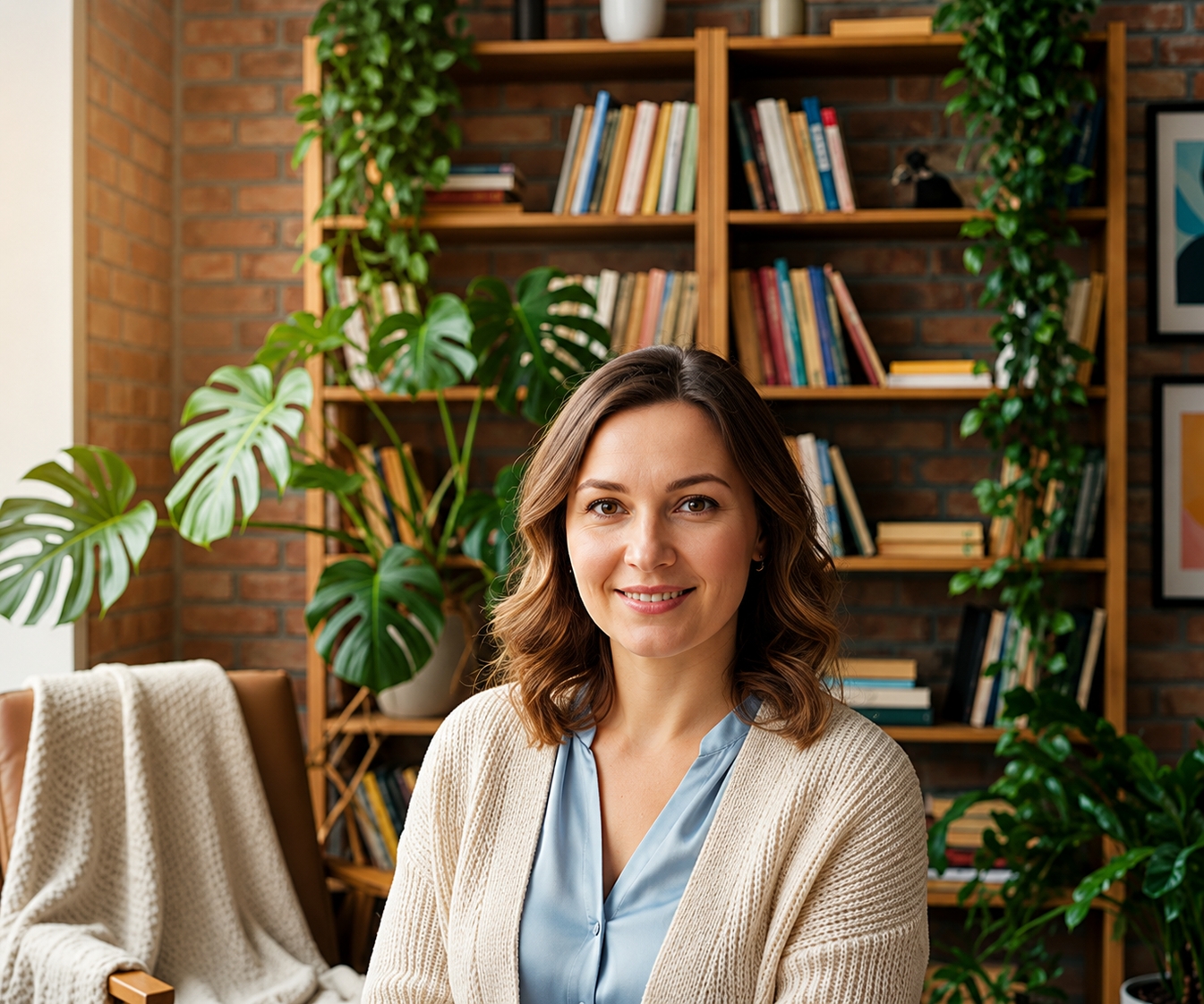 Portrait of a therapist seated in front of a bookshelf.