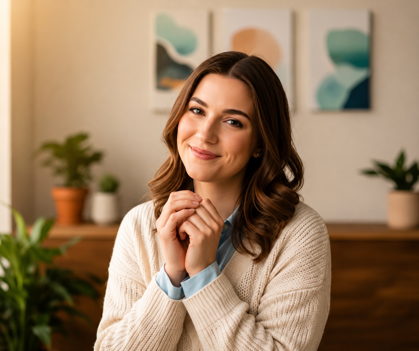Portrait of a therapist in a warm-toned room.