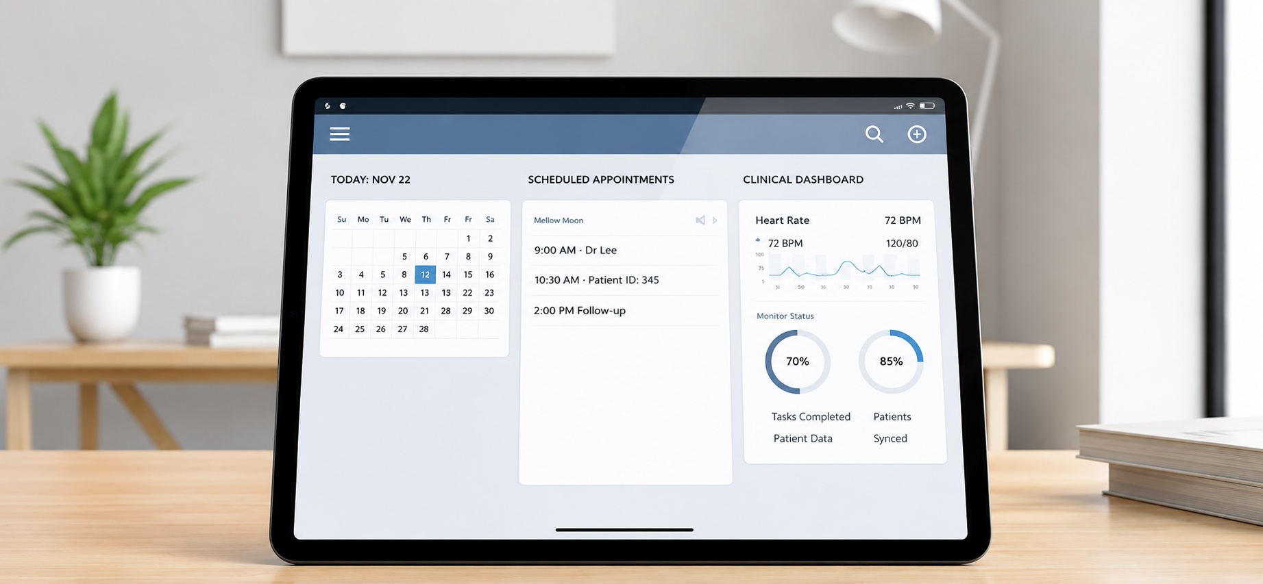 A tablet displaying appointment and session metrics on a desk.