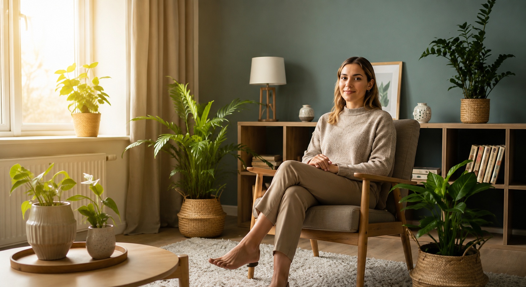 A therapist sitting in a warm office surrounded by plants.