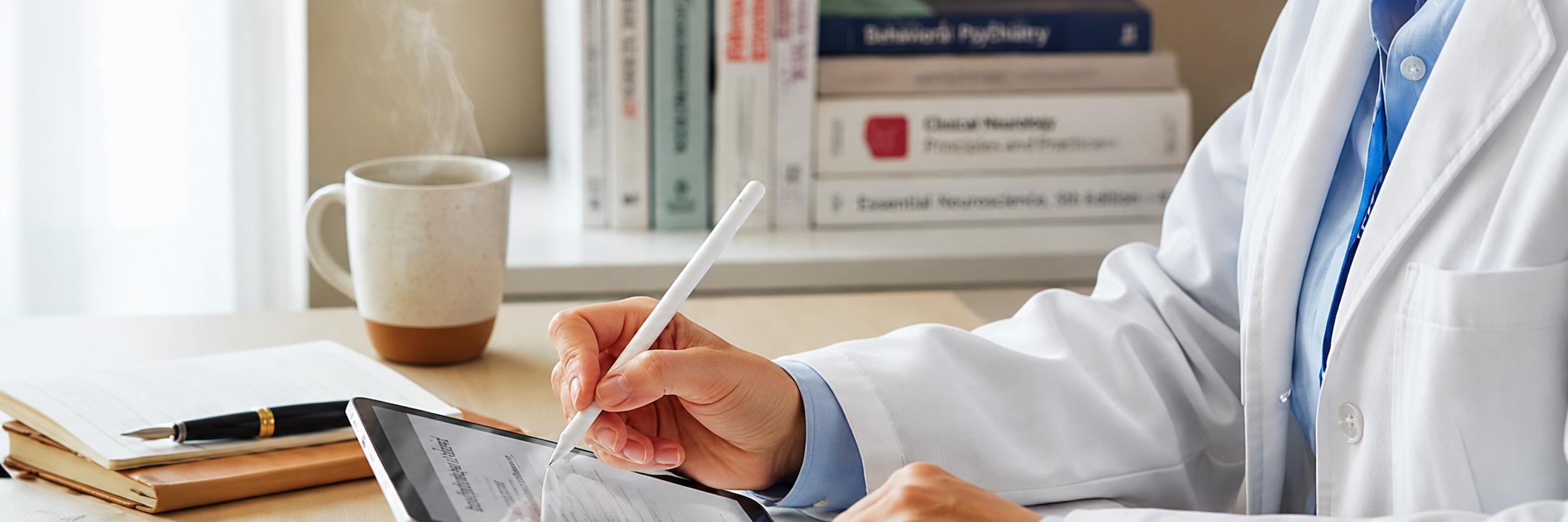 A clinician using a stylus on a tablet beside a notebook, books, and coffee.